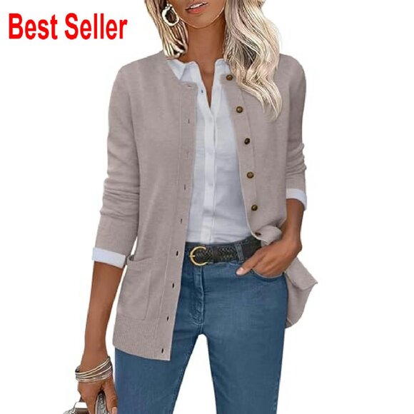 Soft Knit Cardigan Crewneck Open Front Fall Casual Dressy Chic Sweater - Picture 2 of 8